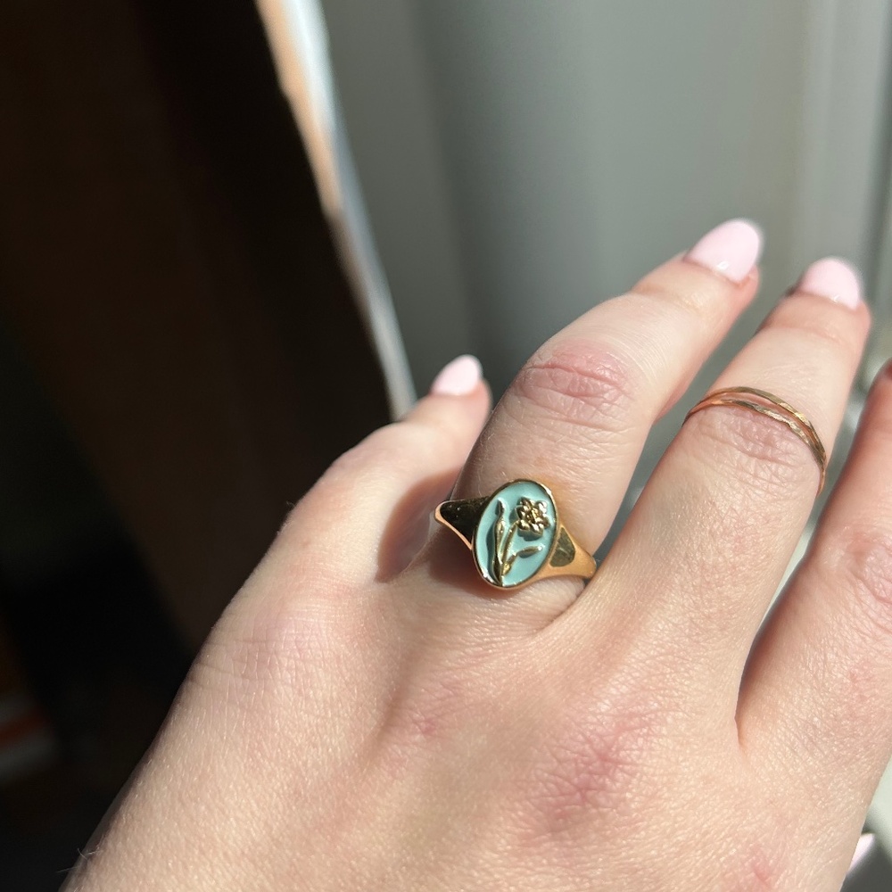 Local Eclectic For You, With Love Enamel March Birth Flower Signet Ring Size 7 - Picture 2 of 2